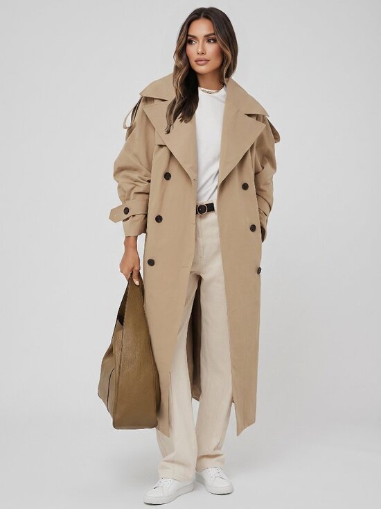Jackets & Blazers - Women's Khaki Oversized Belted Trench Coat Long Double Breasted Jacket